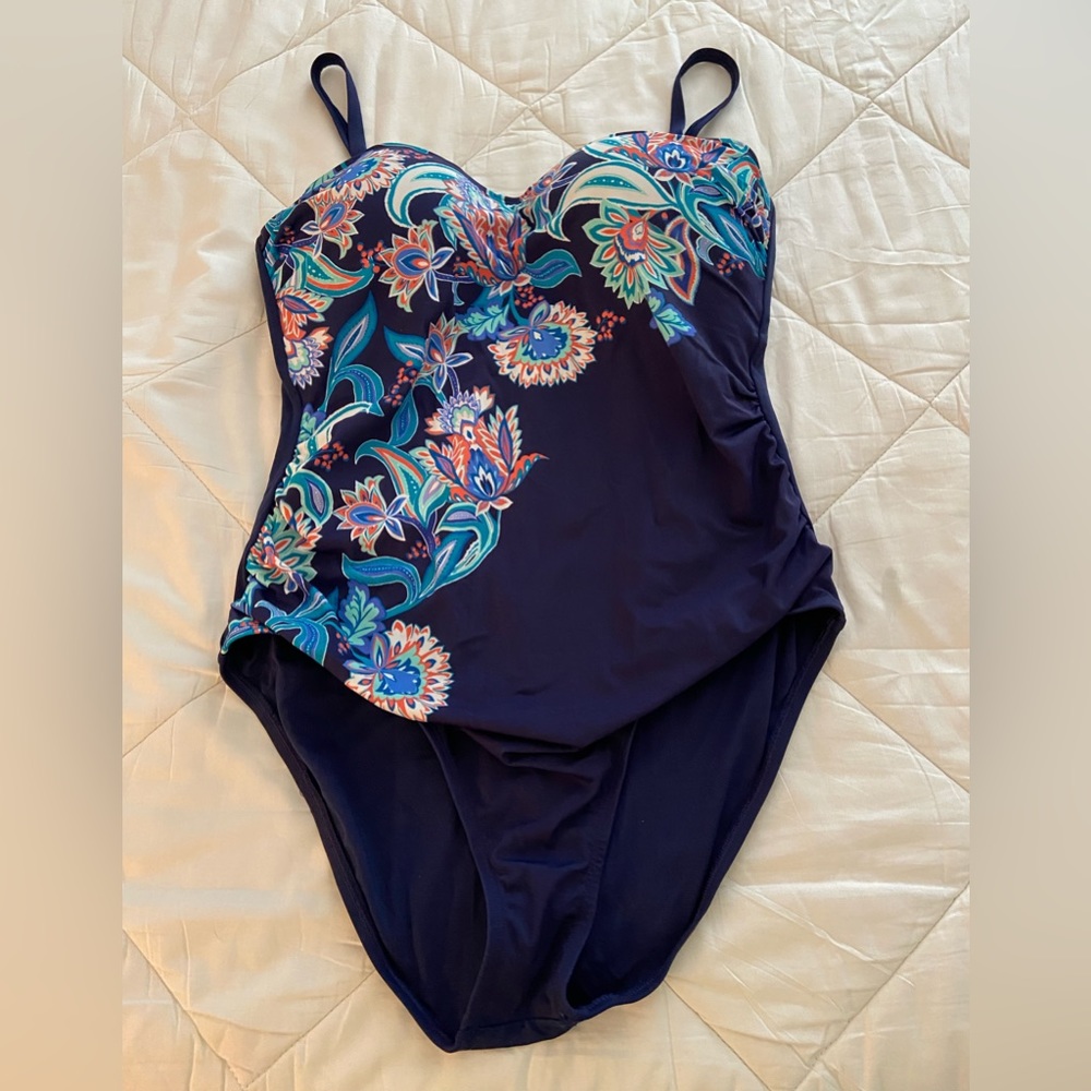 Size 16 dark blue swimsuit with colorful design